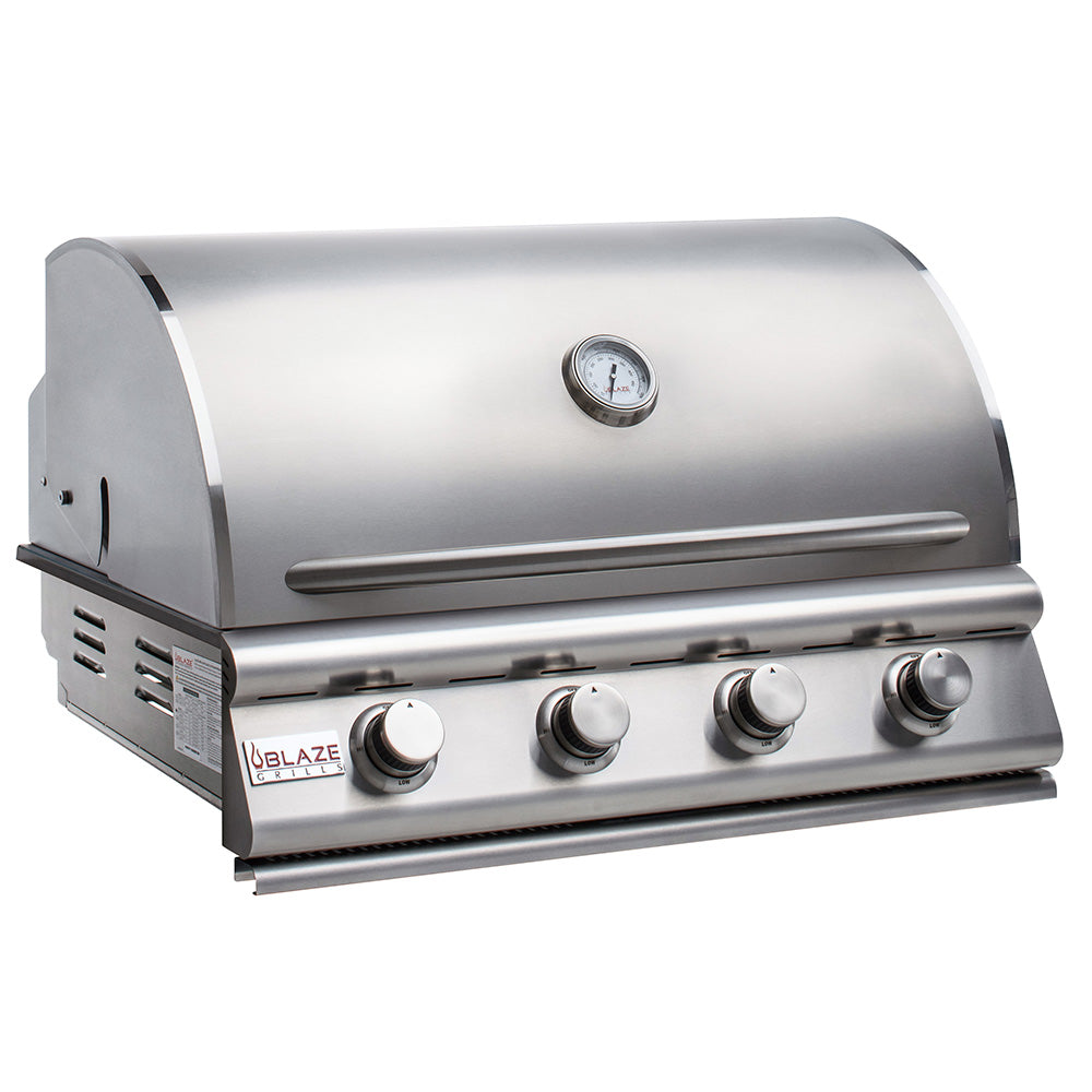 Stainless steel built-in 4-burner gas grill with lid thermometer and control knobs