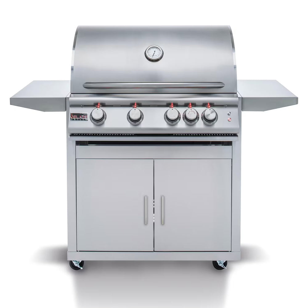 Stainless steel 4-burner gas grill with side shelves and front control knobs