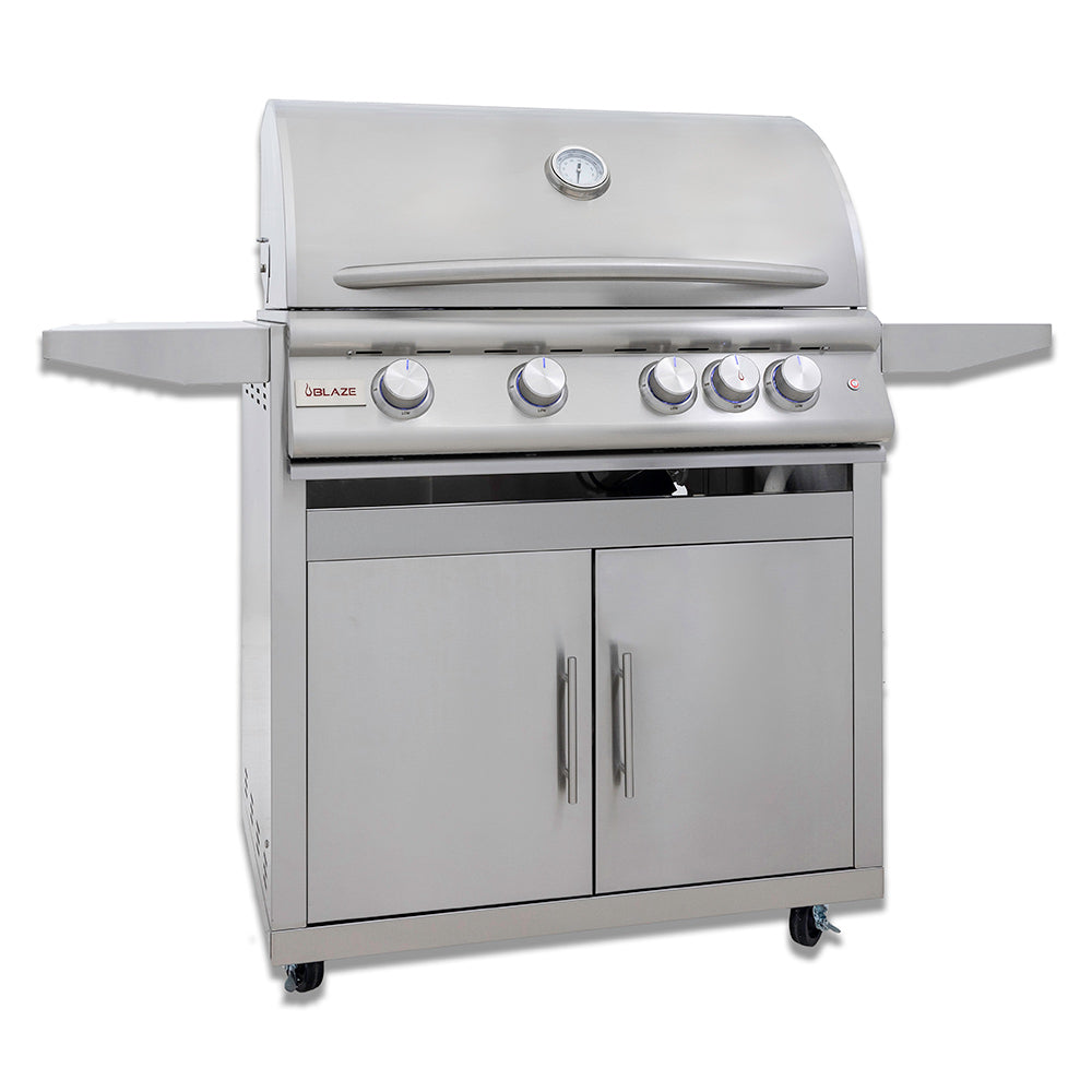 32-inch gas grill cart with side shelf and double-door cabinet, front view
