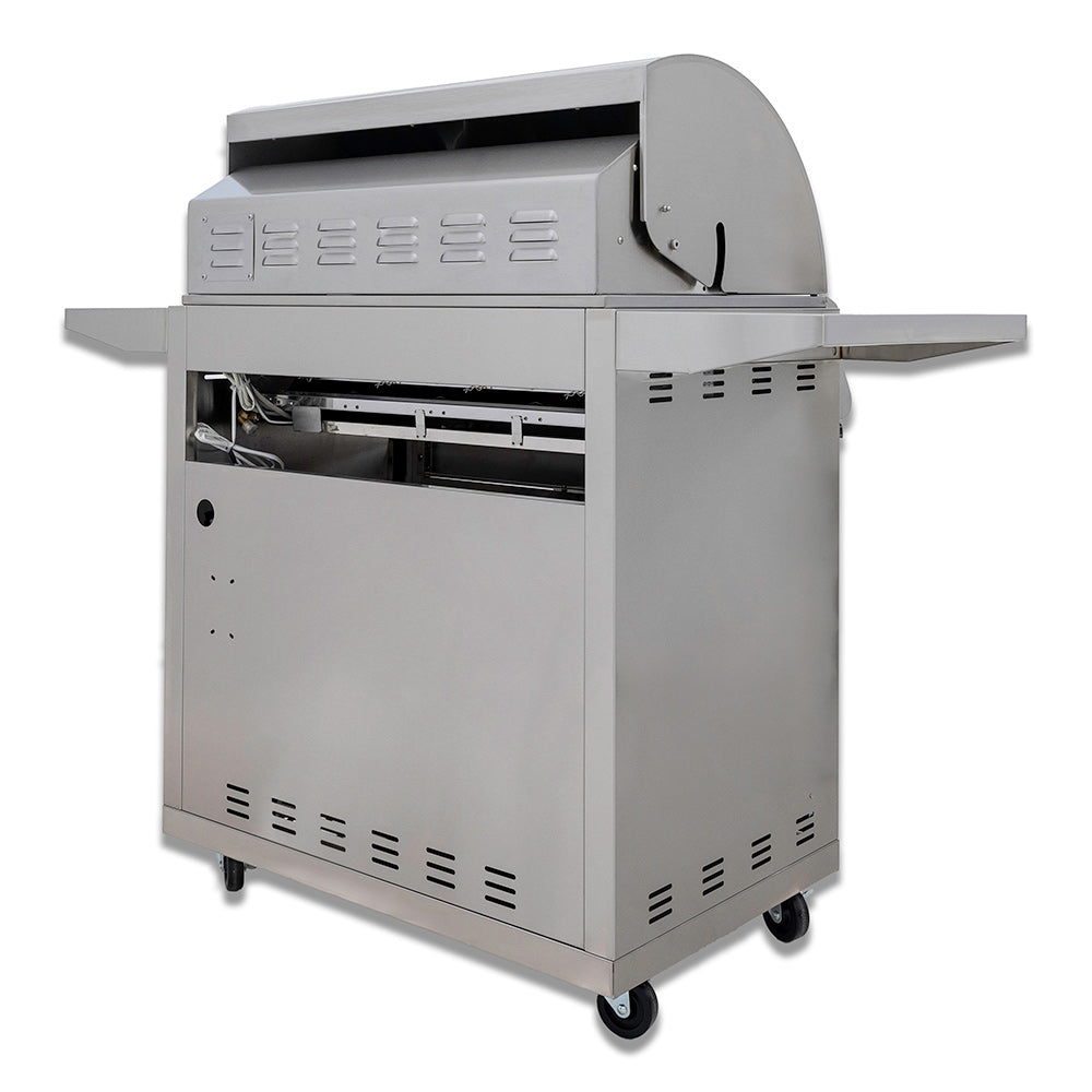 32-inch gas grill cart open cabinet with burner area and hood, side view