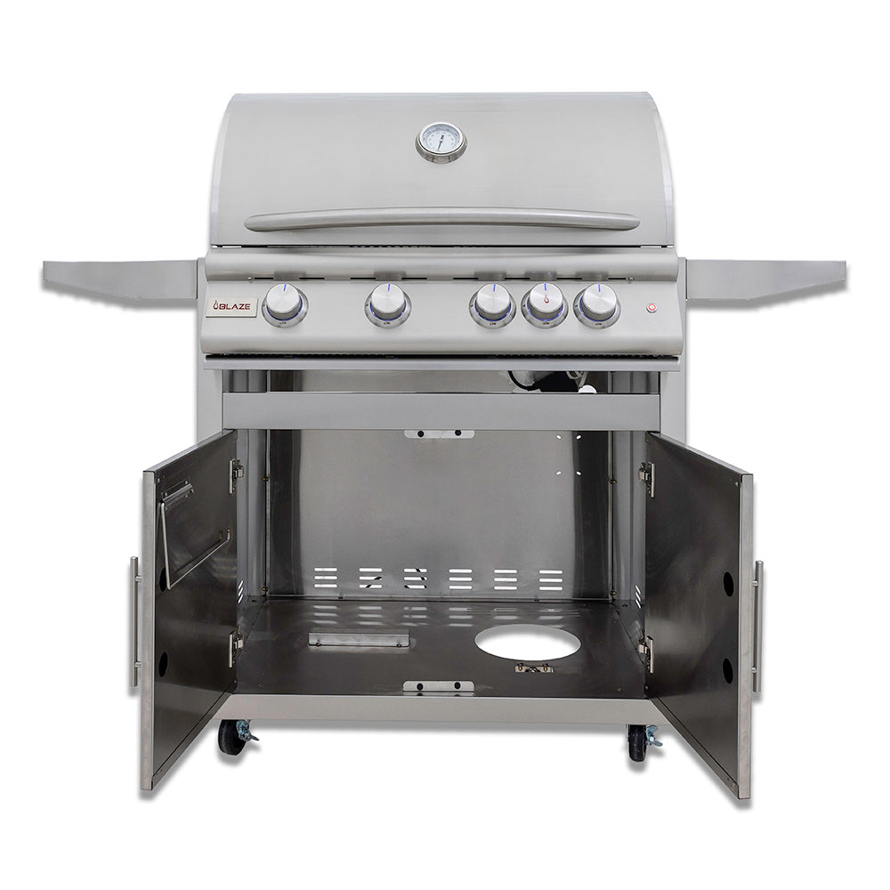 Open 32-inch gas grill cart with lid, firebox, and control panel, front view