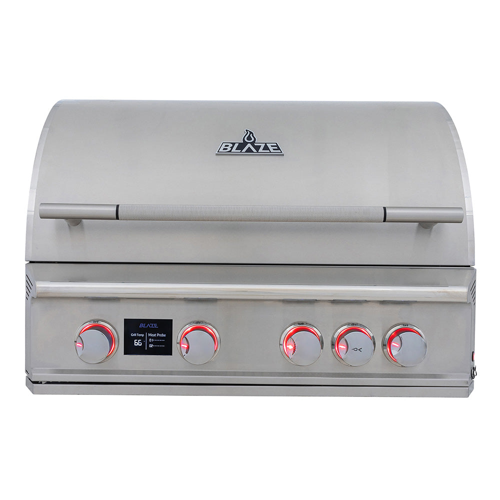 Stainless 4-burner gas grill front panel with four red control knobs and burner labels