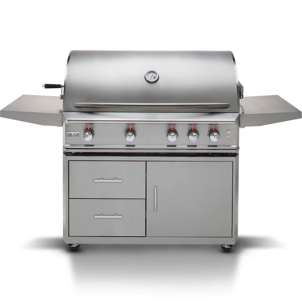 4-burner gas grill with stainless steel cabinet, side shelves, and control knobs