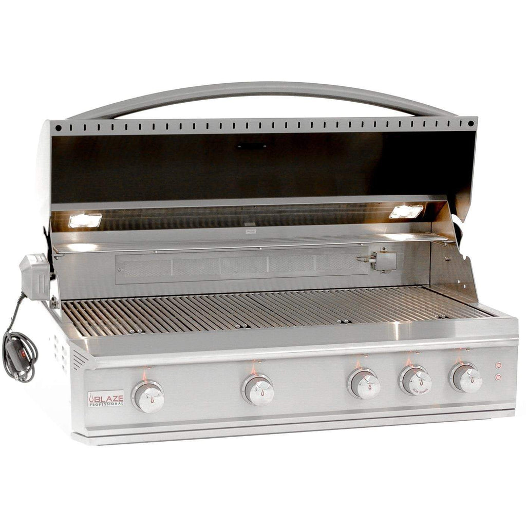 Open 44-inch gas grill with cooking grates, control knobs, and rear burner area