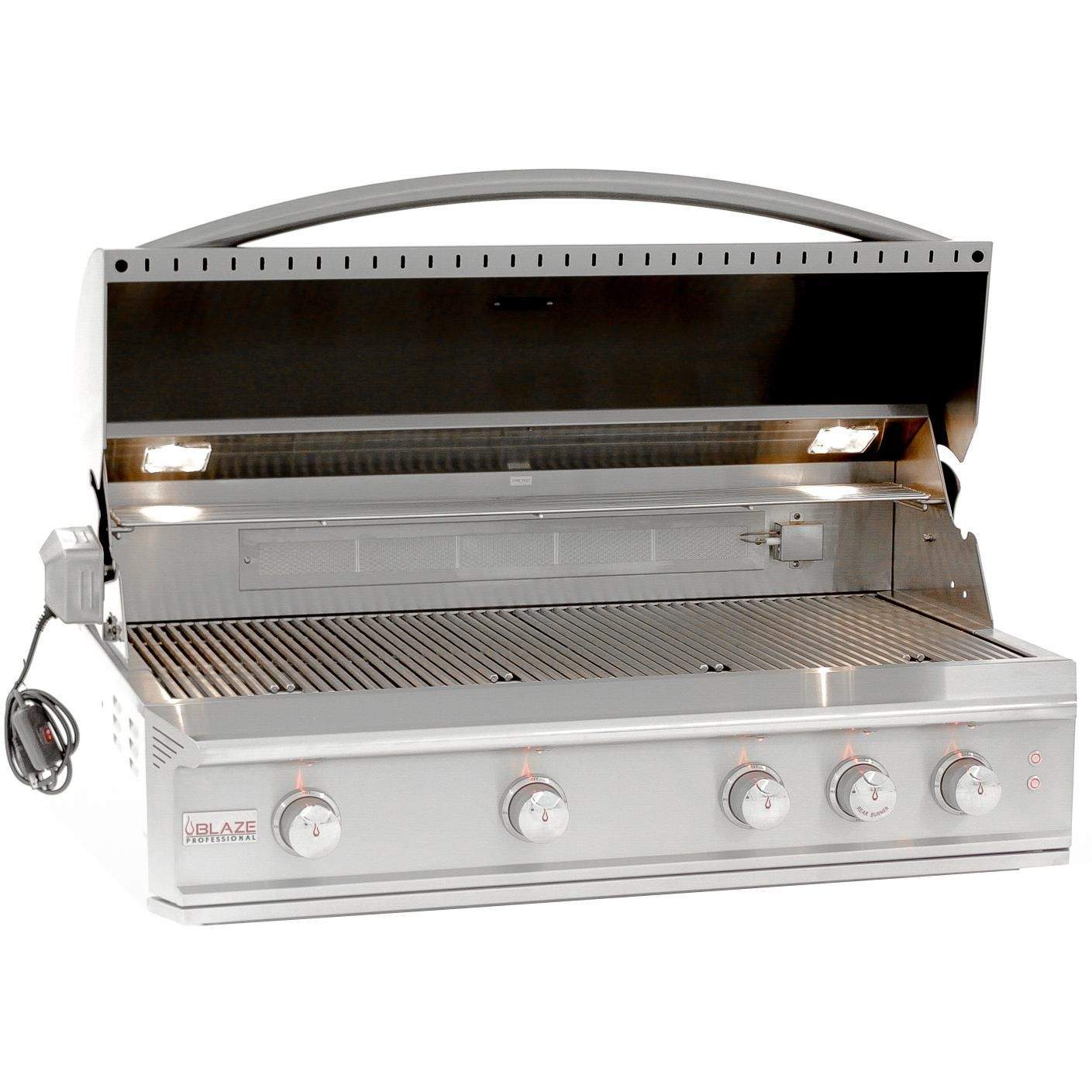 Open 44-inch gas grill with cooking grates, control knobs, and rear burner area
