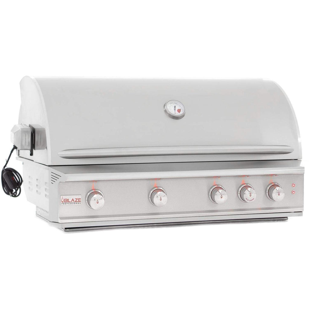 44-inch gas grill with control knobs and lid thermometer on stainless body