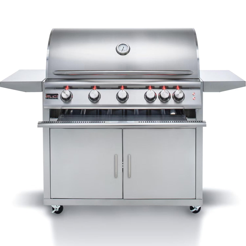 Stainless steel freestanding gas grill with five burners and side shelves, front view