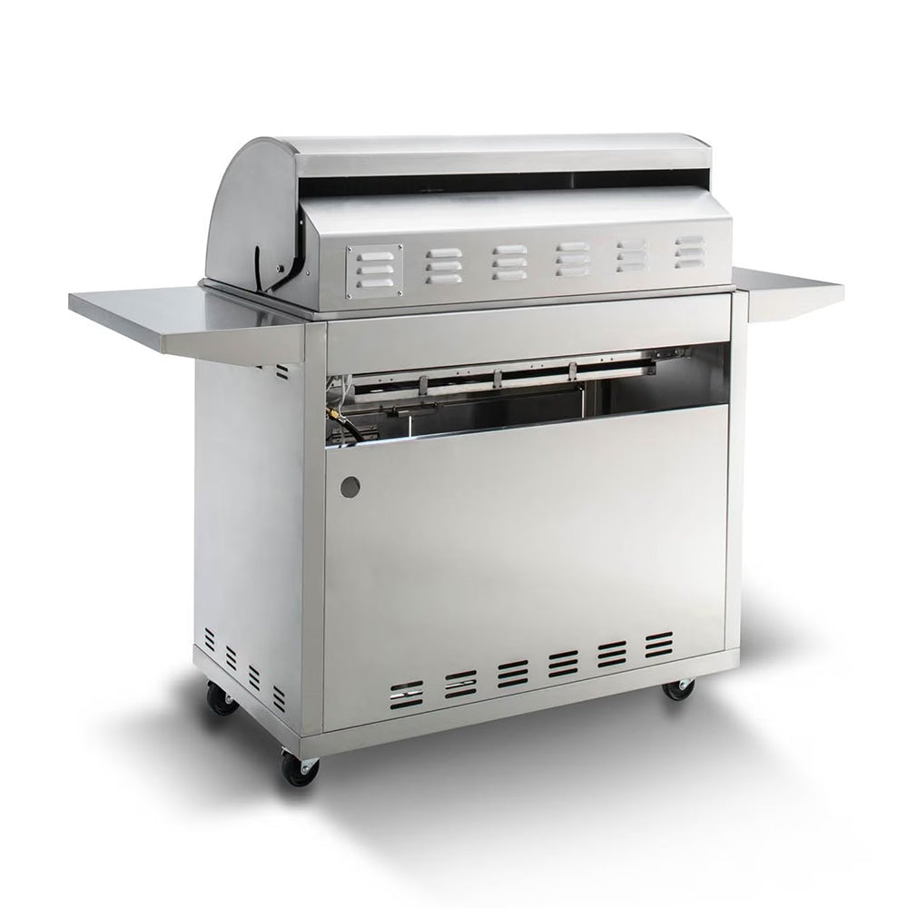 Open stainless steel gas grill showing lid, control panel, and burner grates