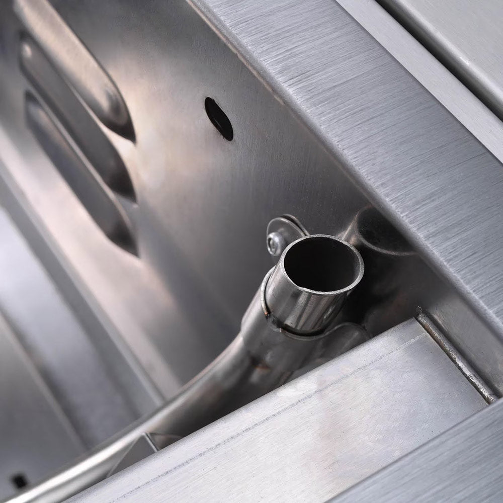 Stainless grill side port with attached tube and mounting opening