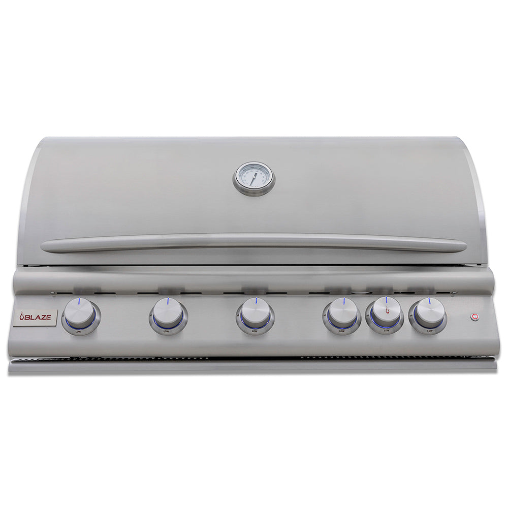 Stainless steel built-in gas grill with control knobs and lid thermometer