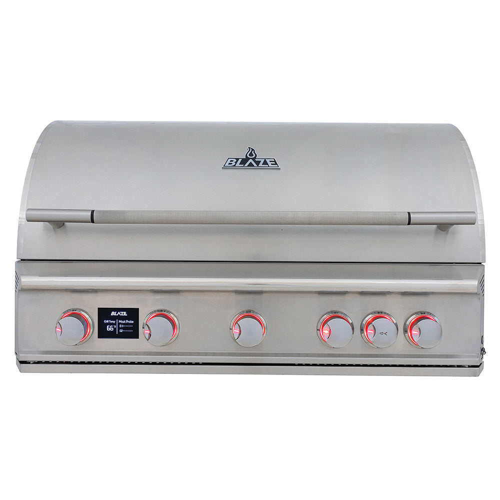 Blaze 5-burner gas grill with stainless lid and control knobs