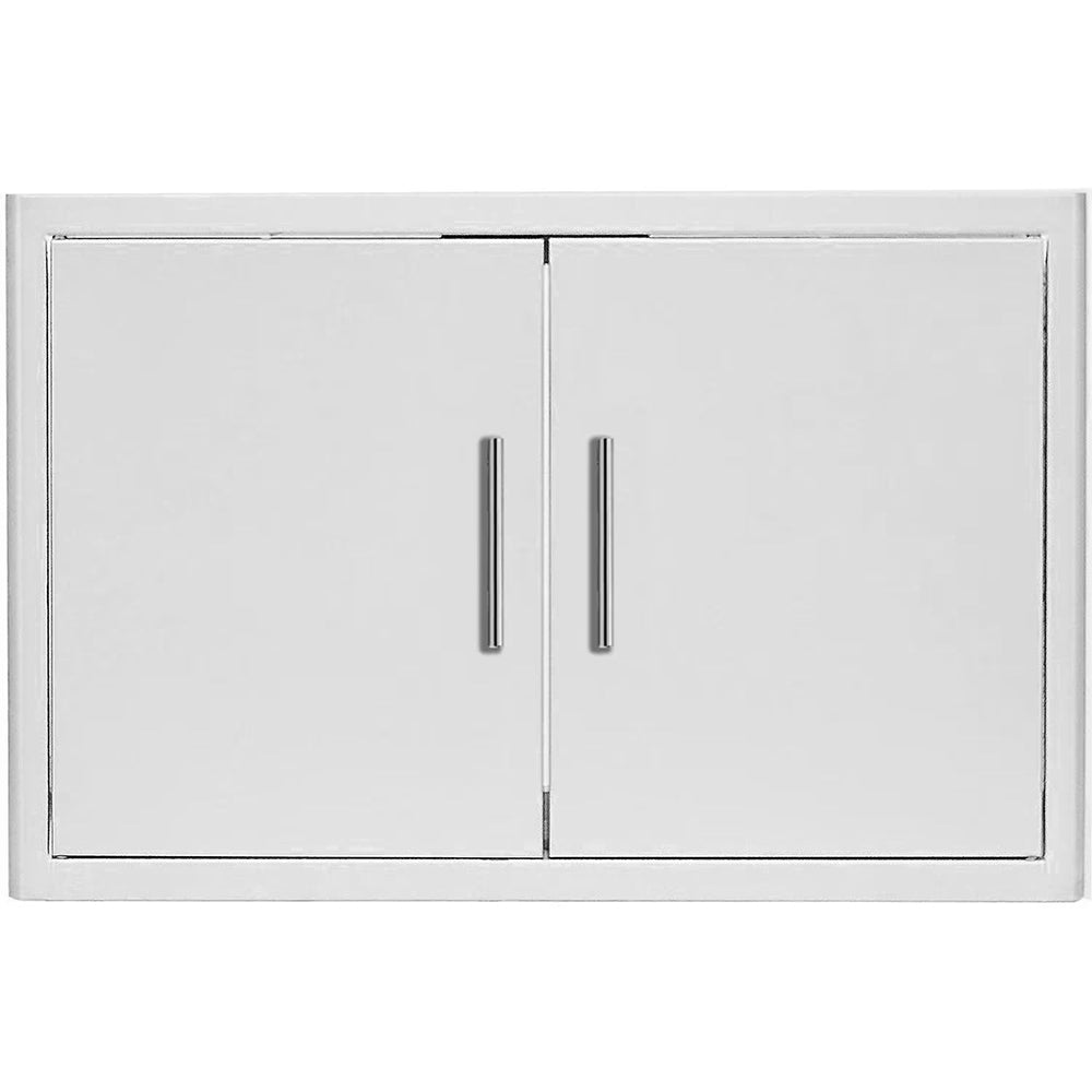 Double access door with two white panels and brushed metal pull handles in silver frame