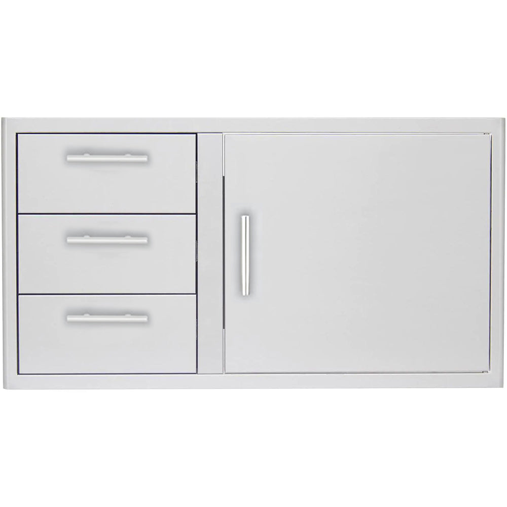 Metal storage cabinet with access door and three drawers, light gray