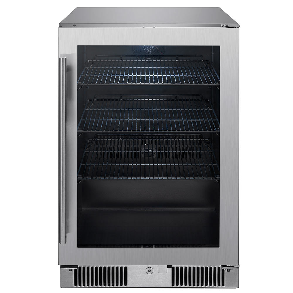 Outdoor beverage cooler cabinet front with glass door open and dark interior shelves
