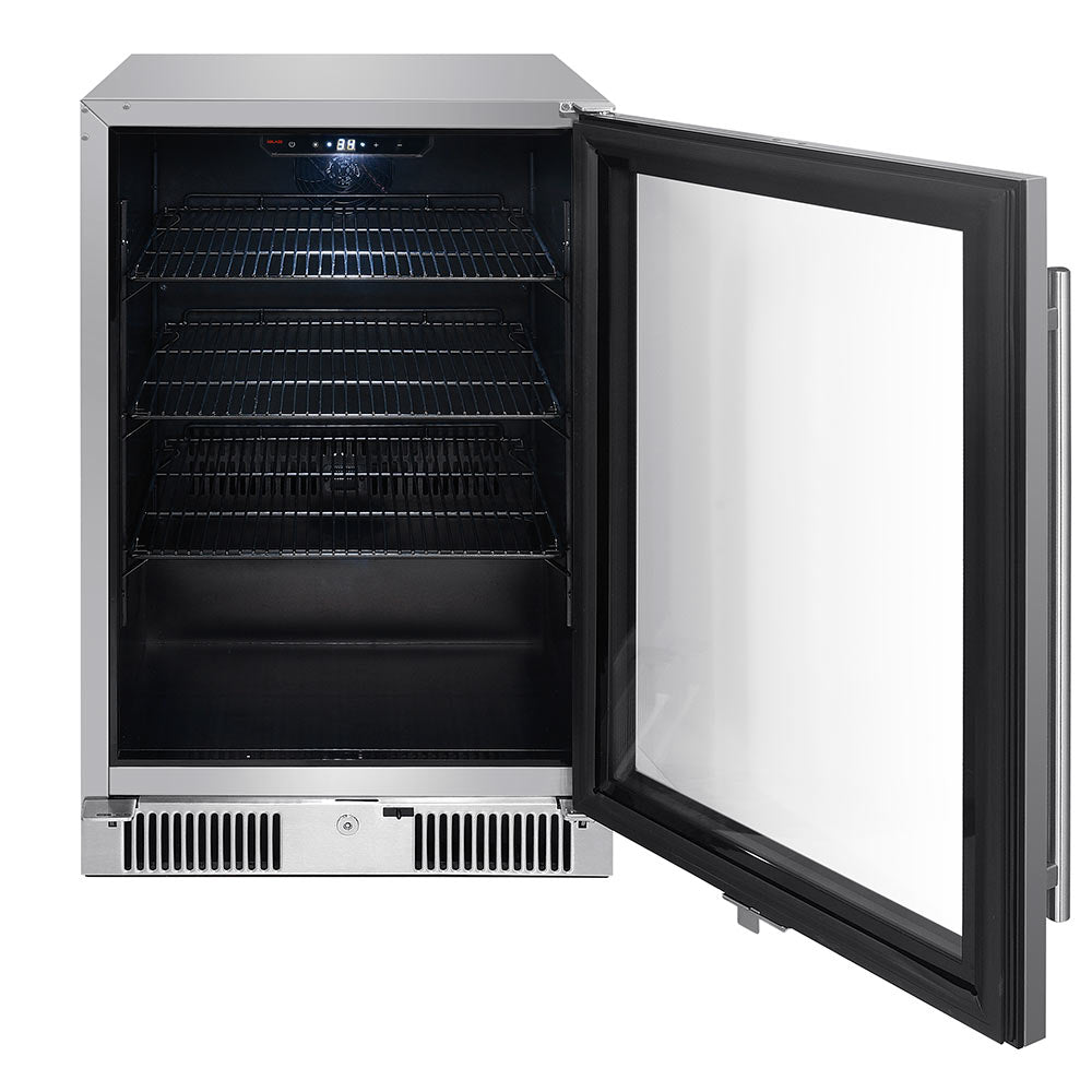 Outdoor glass door beverage cooler with open door and empty wire shelving