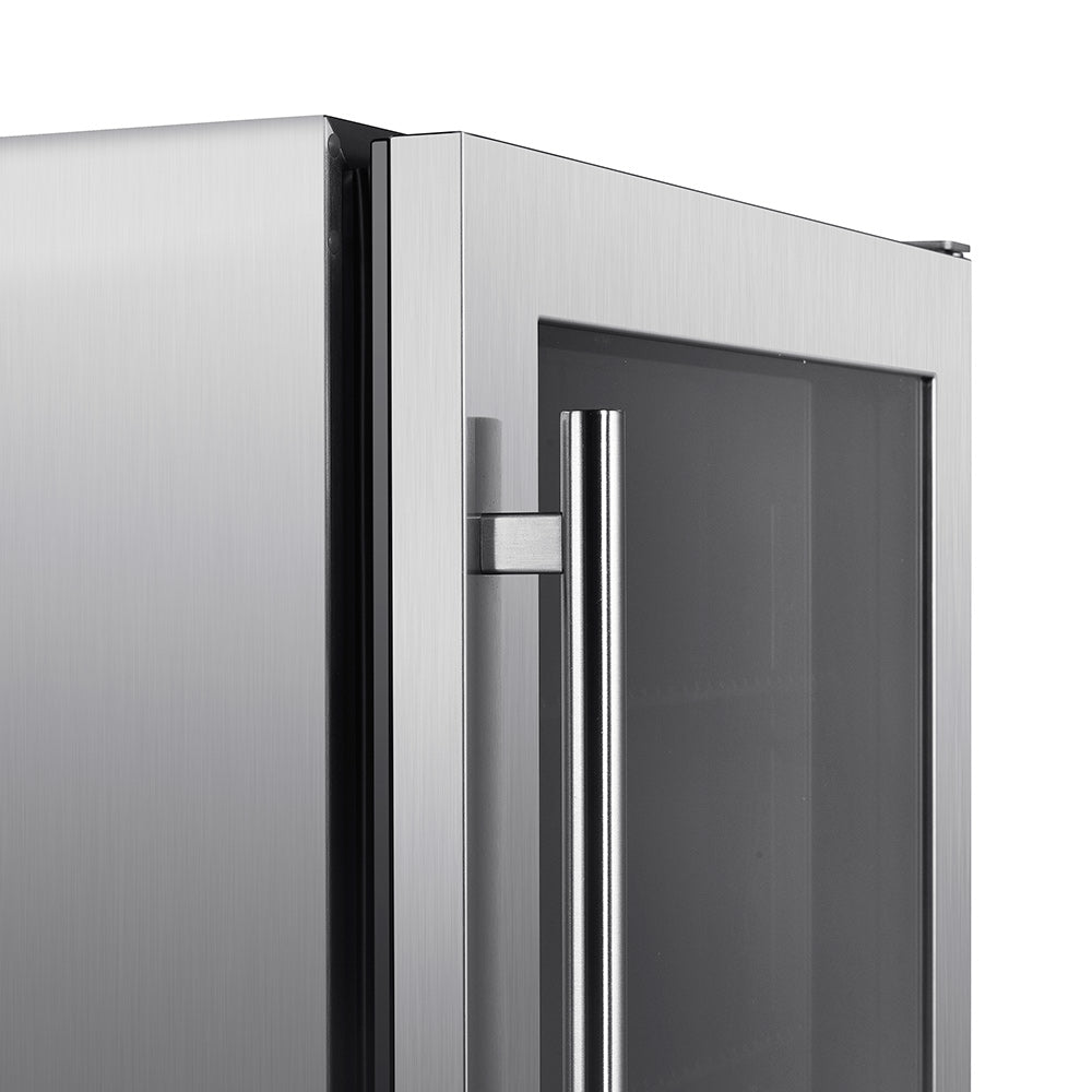 Outdoor beverage cooler side with stainless finish and tall glass door handle