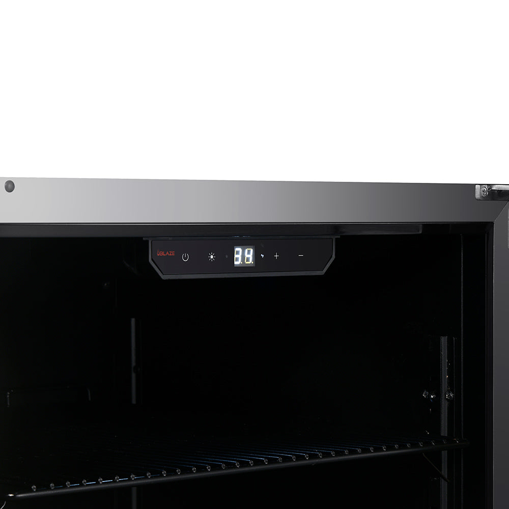 Outdoor glass door beverage cooler interior with wire shelves and digital control panel
