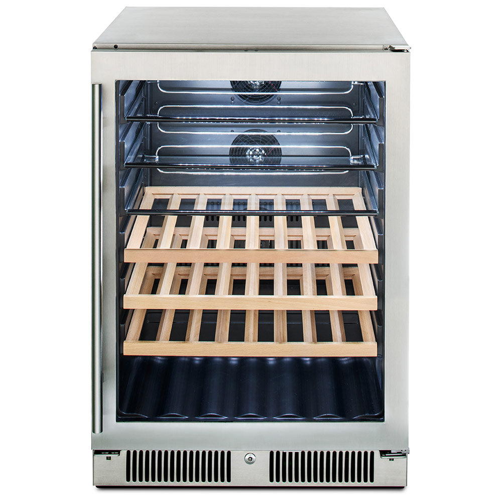 Outdoor glass door beverage cooler with interior racks and wooden shelves