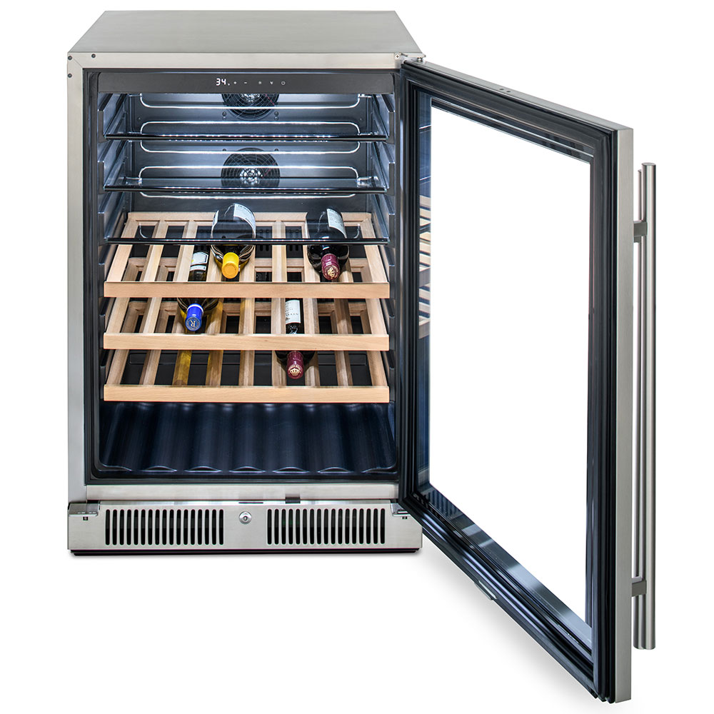 Beverage cooler with glass door open showing wooden racks and bottles