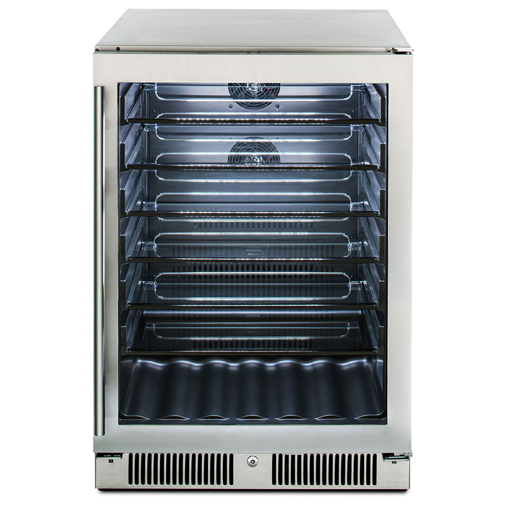 Outdoor glass door beverage cooler with open door showing empty interior shelves