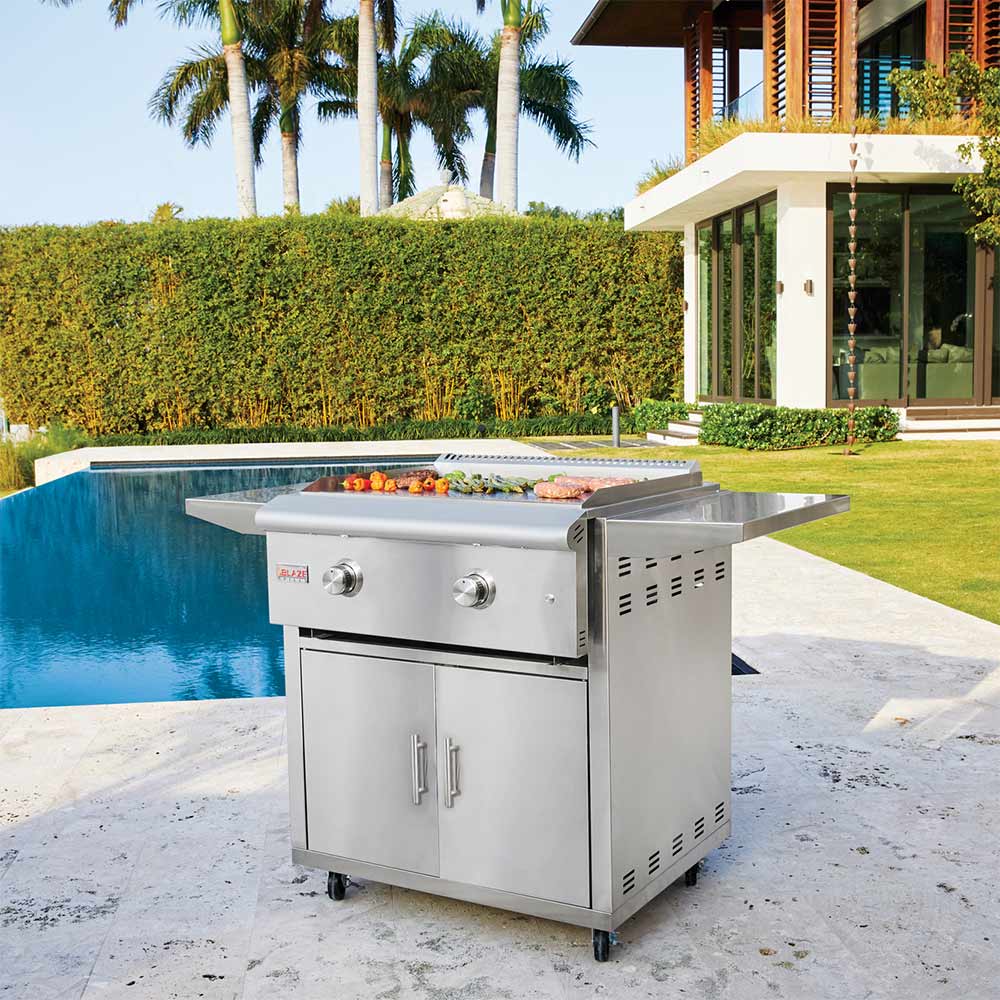 Freestanding stainless gas griddle with hood, side shelves, and cabinet doors