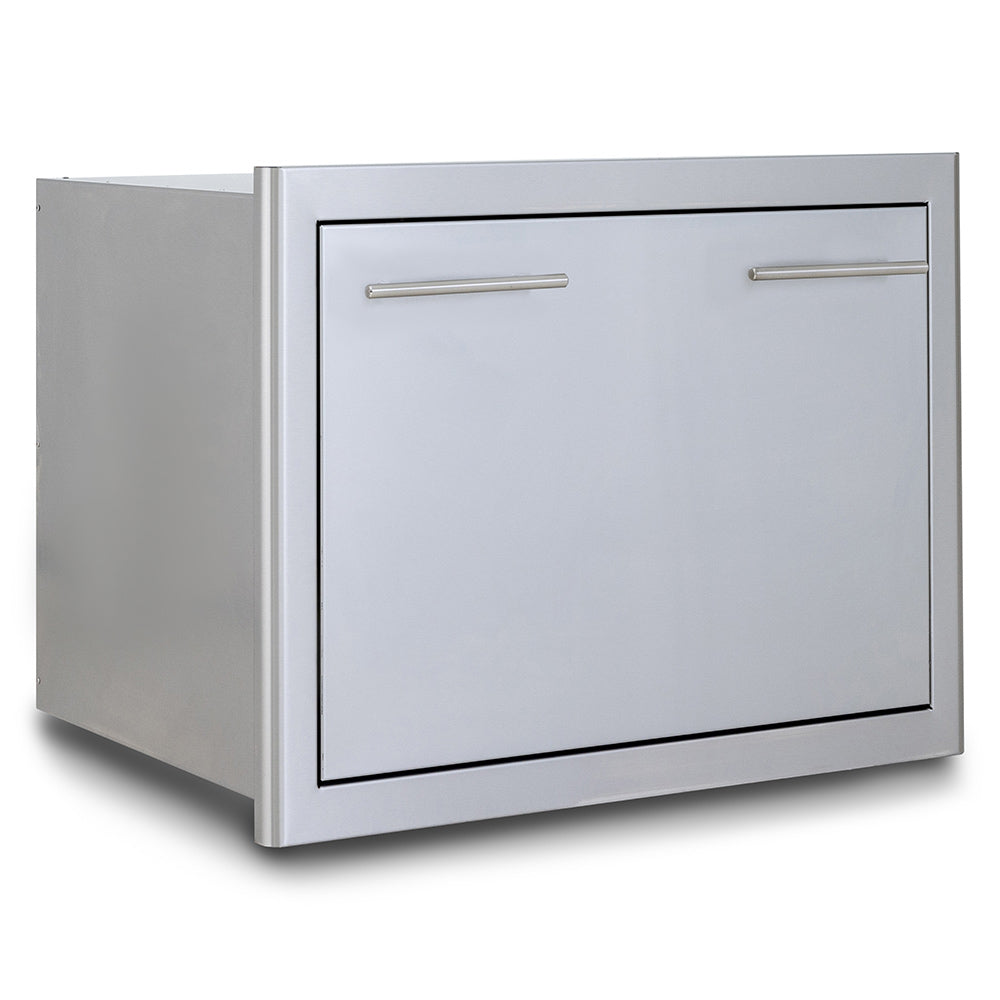 Gray metal ice drawer with black frame and two silver bar handles