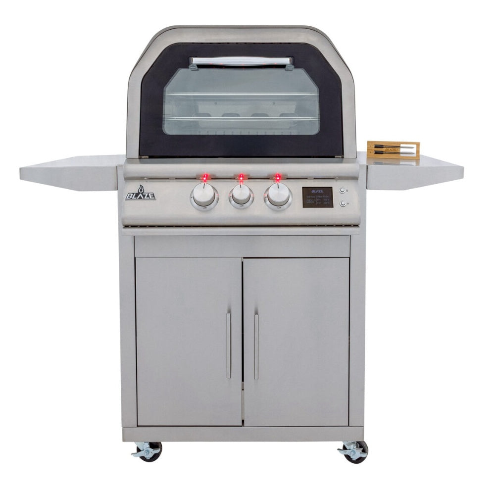 Outdoor pizza oven on cart, three control knobs, black front panel, side shelf extensions