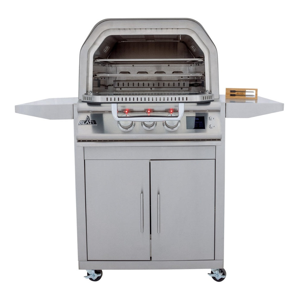 Outdoor pizza oven with cart, stainless steel front with open cooking chamber and control knobs