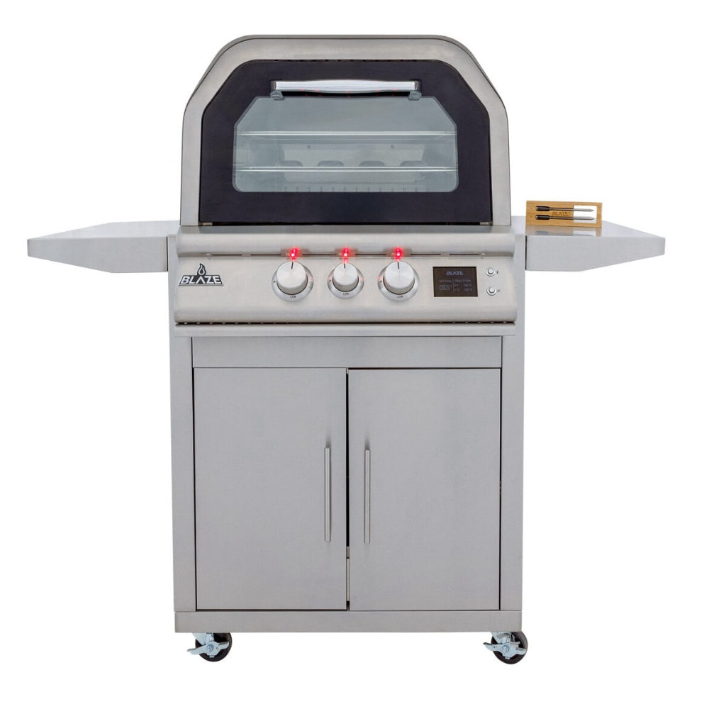 Outdoor pizza oven with cart, stainless doors, black dome lid with glass window