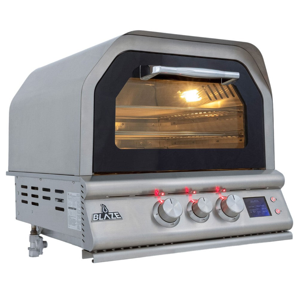 Built-in outdoor pizza oven with lit cooking chamber, three knobs, and digital display
