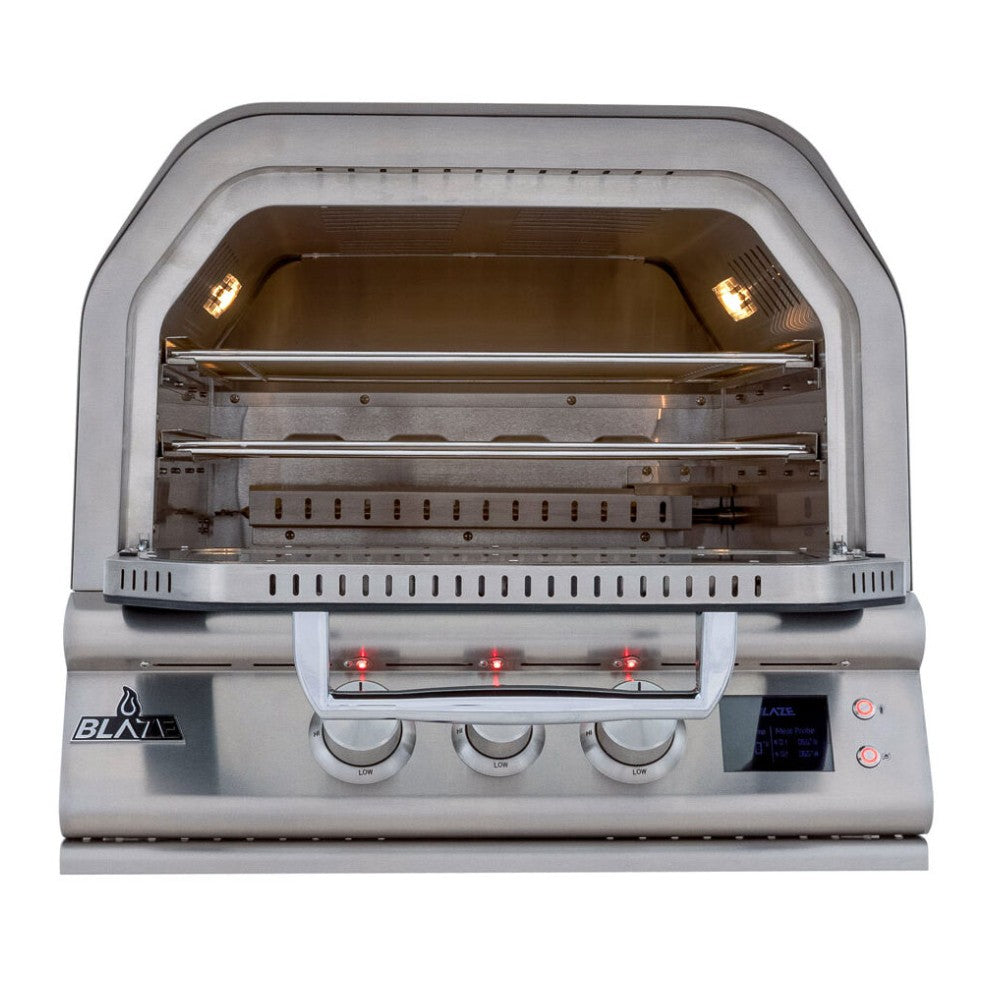 Built-in outdoor pizza oven with open cooking chamber and three front control knobs