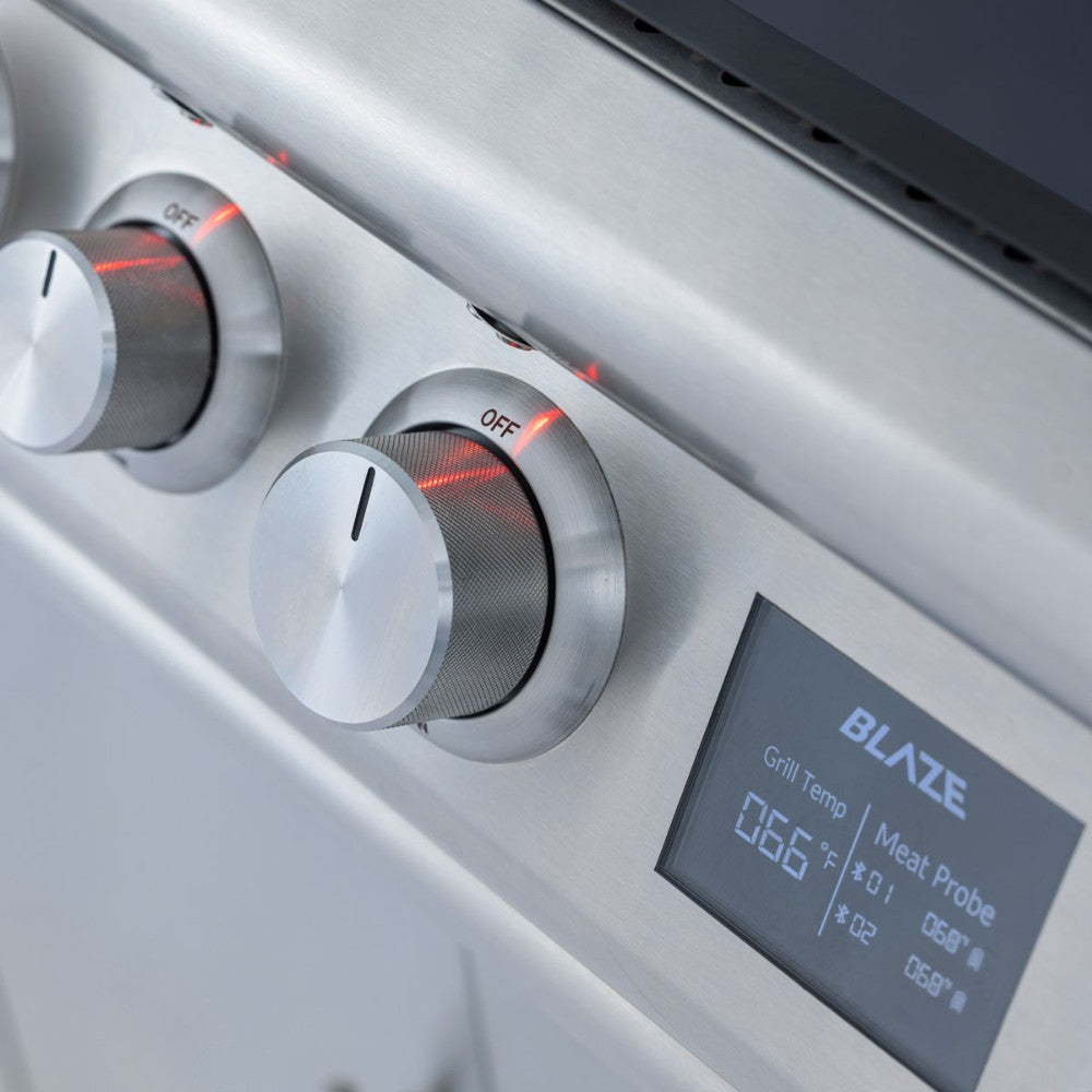 Outdoor pizza oven control panel with three knobs and blue digital temperature screen