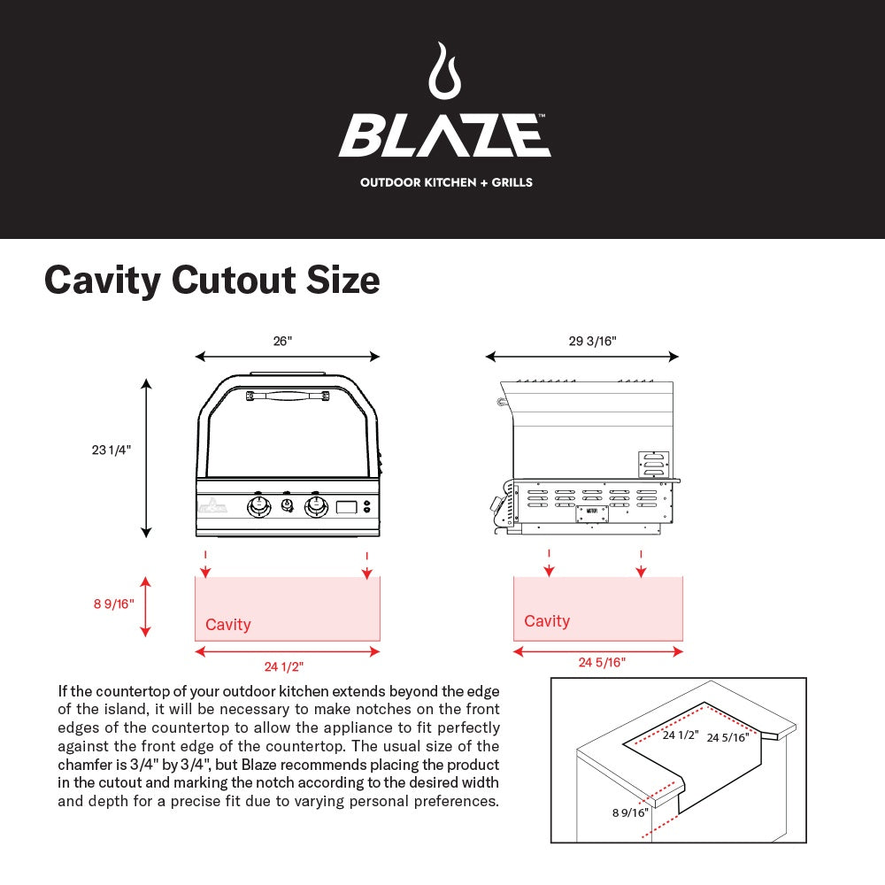 Built-in pizza oven cavity cutout size diagram with depth and width measurements