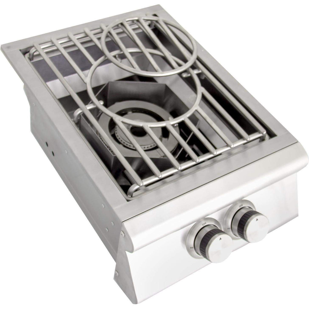 Stainless steel gas burner assembly with wok ring, grid grate, and side controls