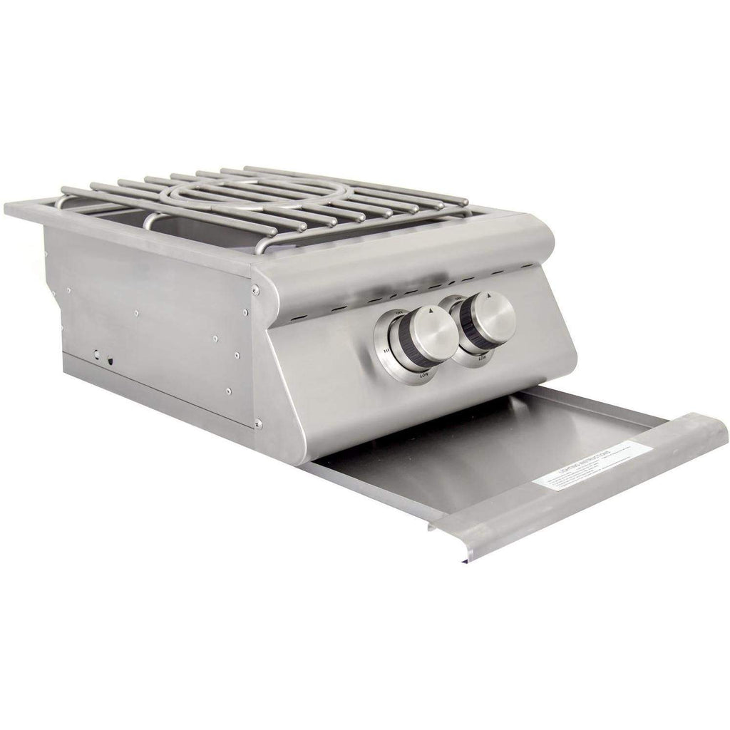 Stainless steel gas burner with two control knobs and open lid