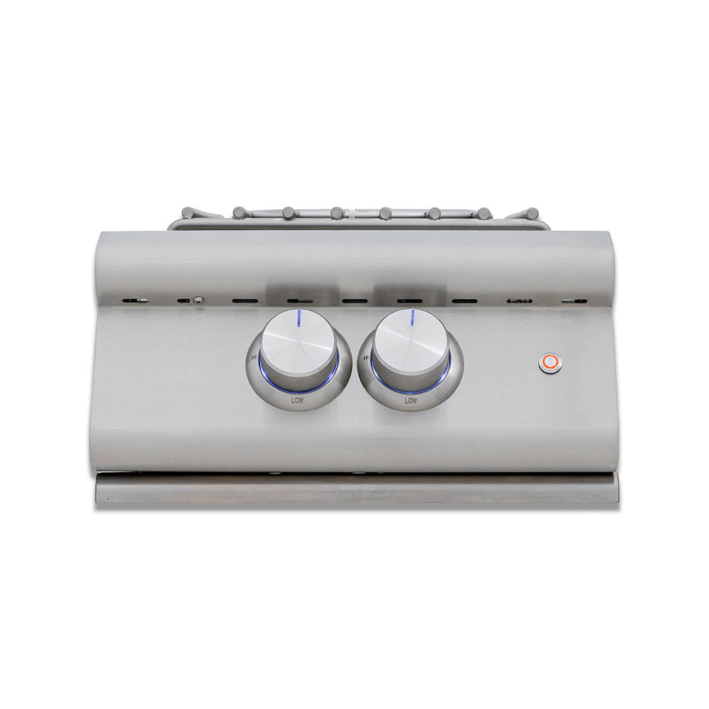 Stainless built-in power burner with two front control knobs and multiple burner openings