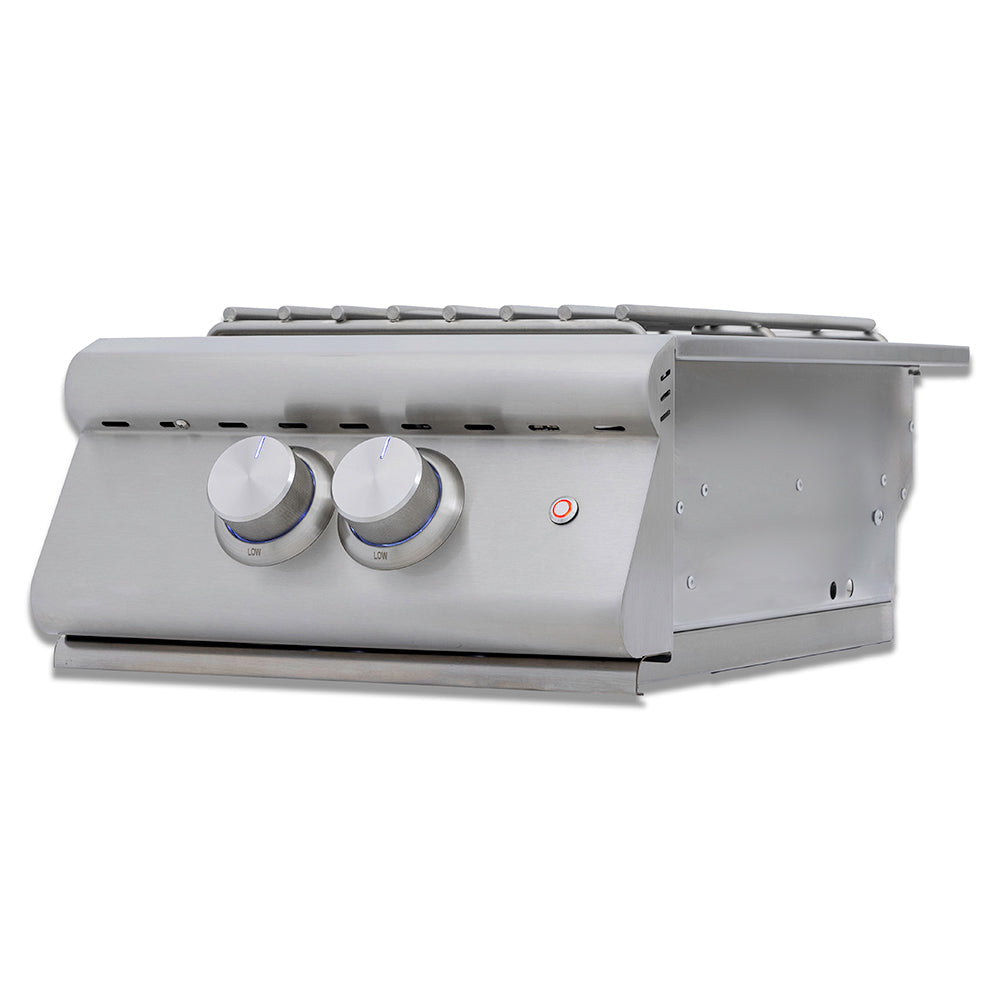 Stainless built-in power burner side view with two control knobs and control panel