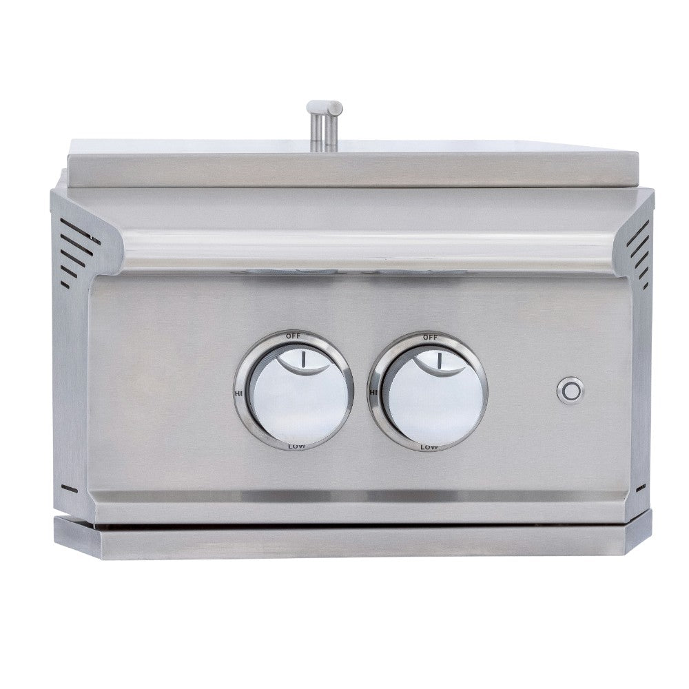 Stainless steel gas grill built-in burner with two knobs and small red button