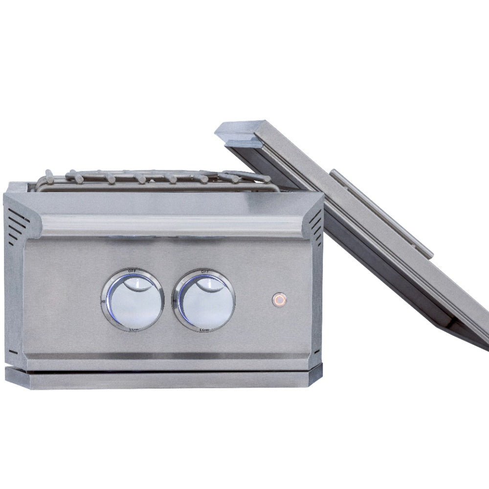 Stainless steel built-in burner with two knobs and raised lid