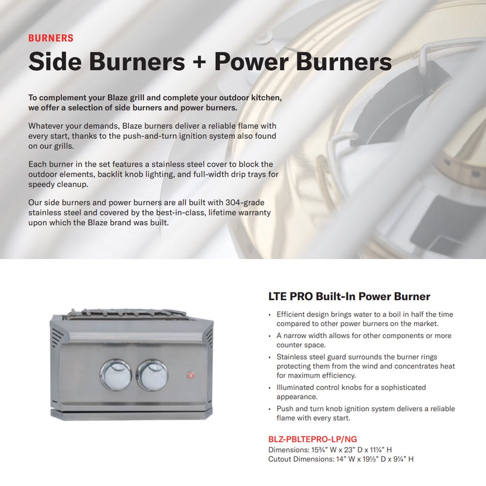 Product brochure for side burners and power burners with burner unit photo