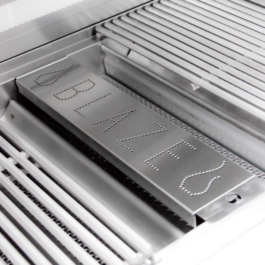Smoker box insert in gas grill with perforated lid and open tray