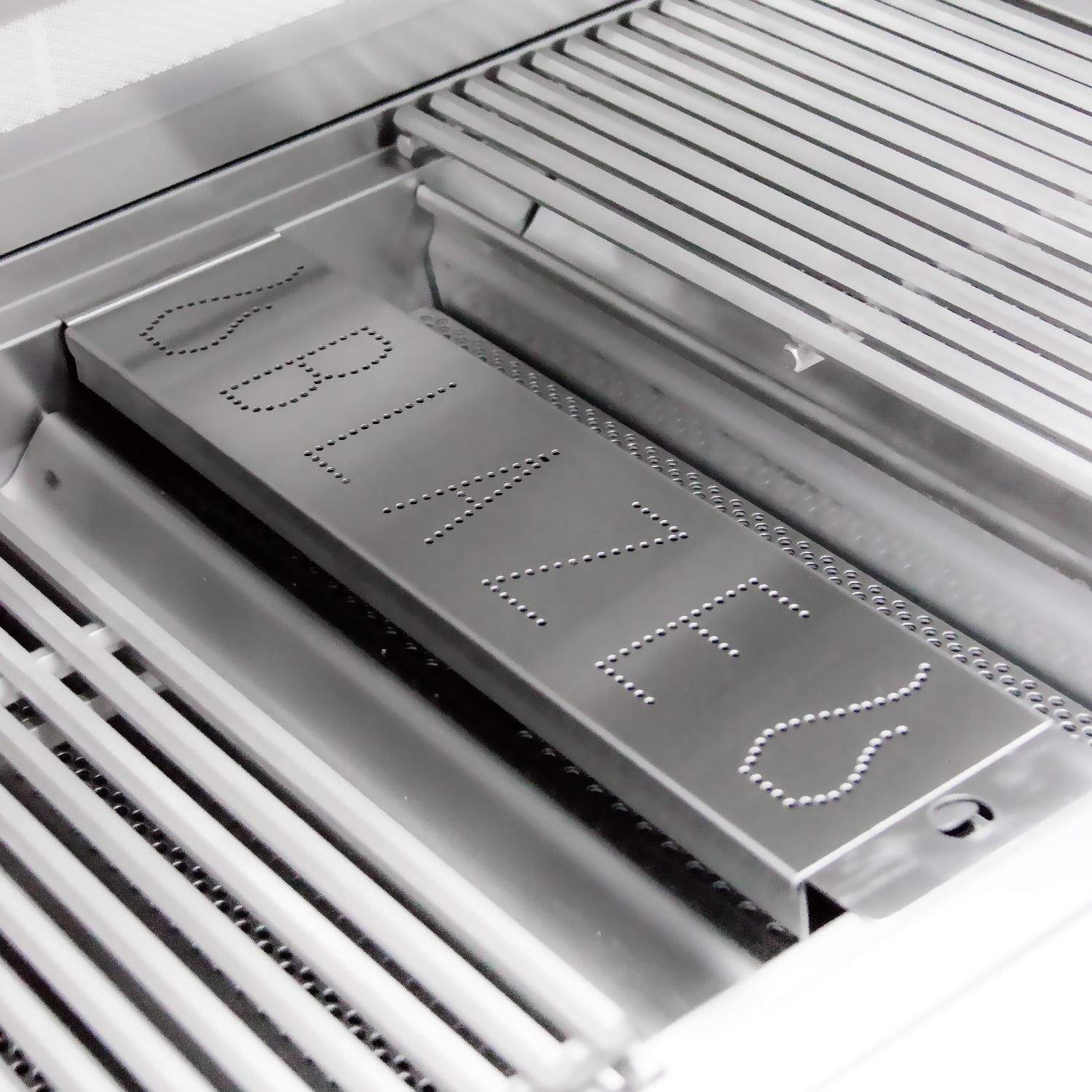 Smoker box insert in gas grill with perforated lid and open tray