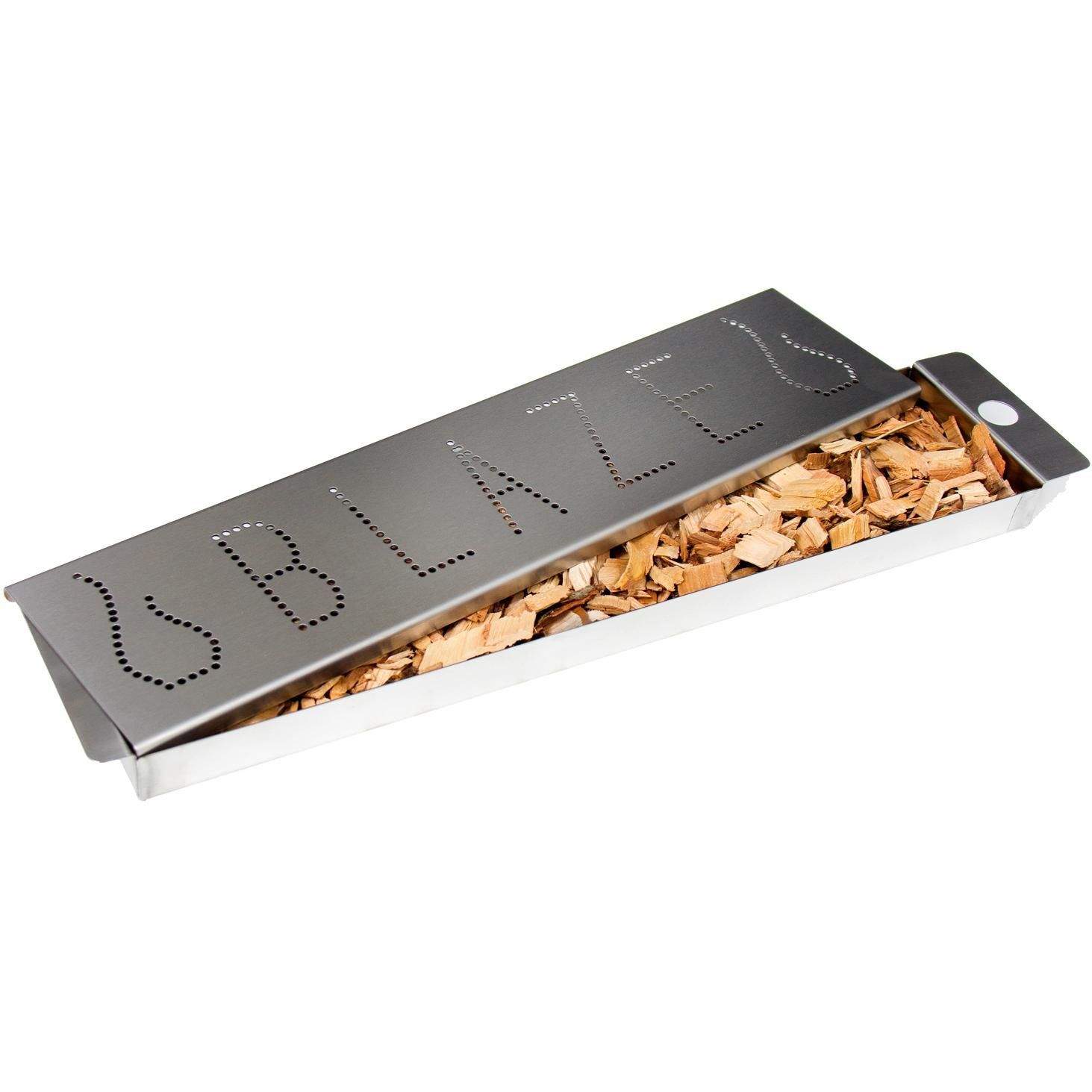 Blaze Pro gas grill smoker box with open lid and wood chips