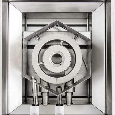 Built-in burner assembly with circular burner head and burner ports inside stainless steel