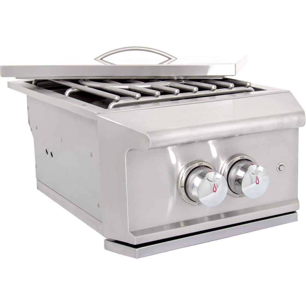 Stainless steel power burner with grate, two flame-marked control knobs and vent