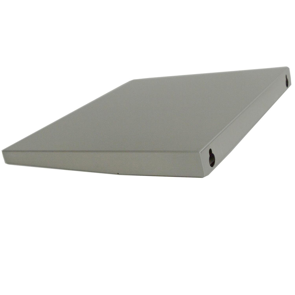 Side shelf panel with end cutout opening and angled corner, light gray metal.