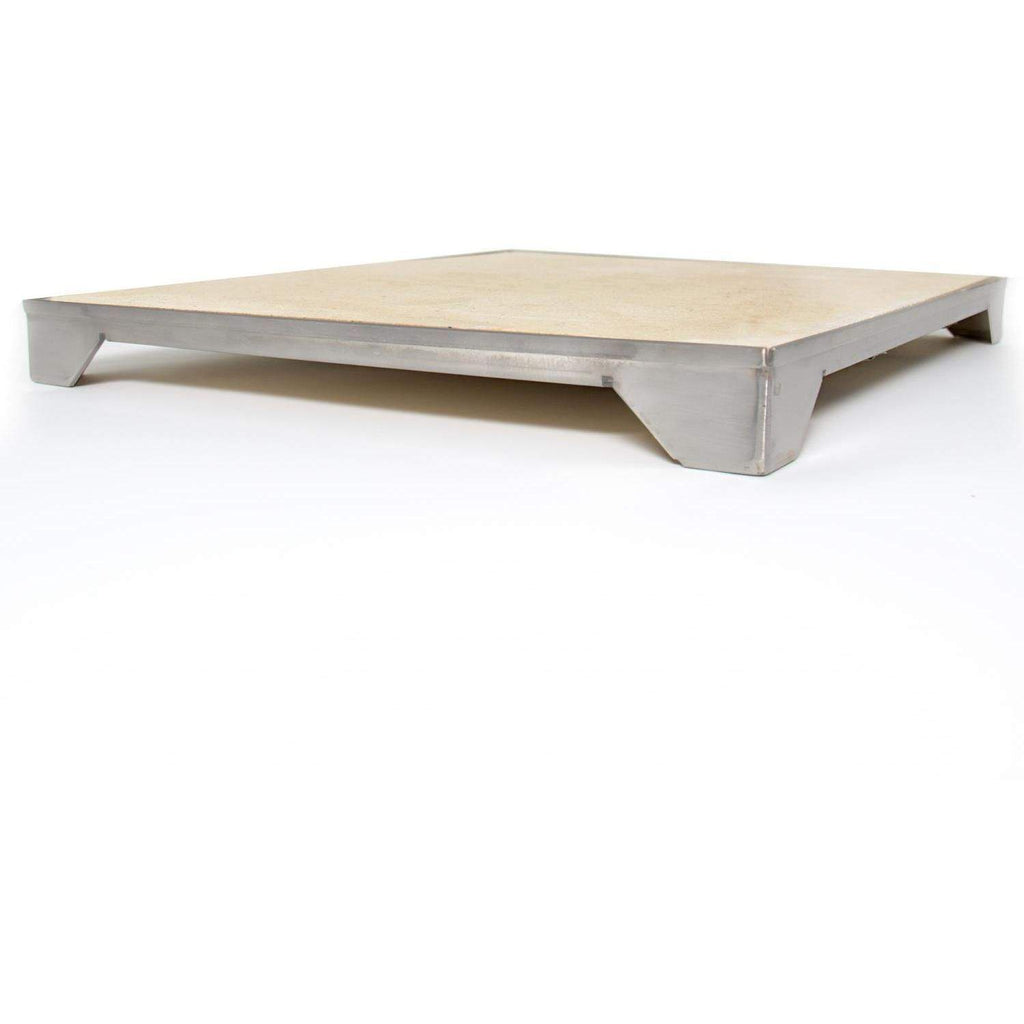 Pizza stone with stainless steel base tray and light beige rectangular ceramic surface
