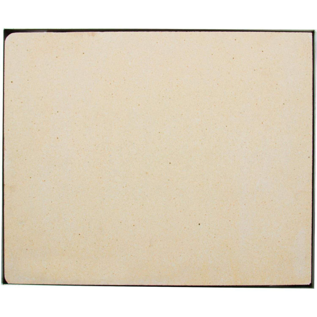 Rectangular ceramic pizza stone with light beige, speckled cooking surface
