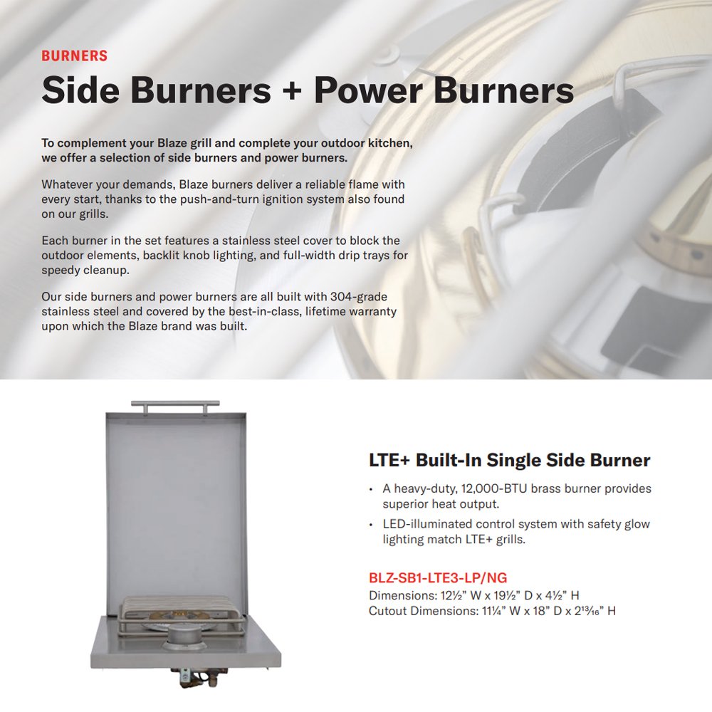 Blaze LTE+ built-in single side burner with lid open and circular burner control knob