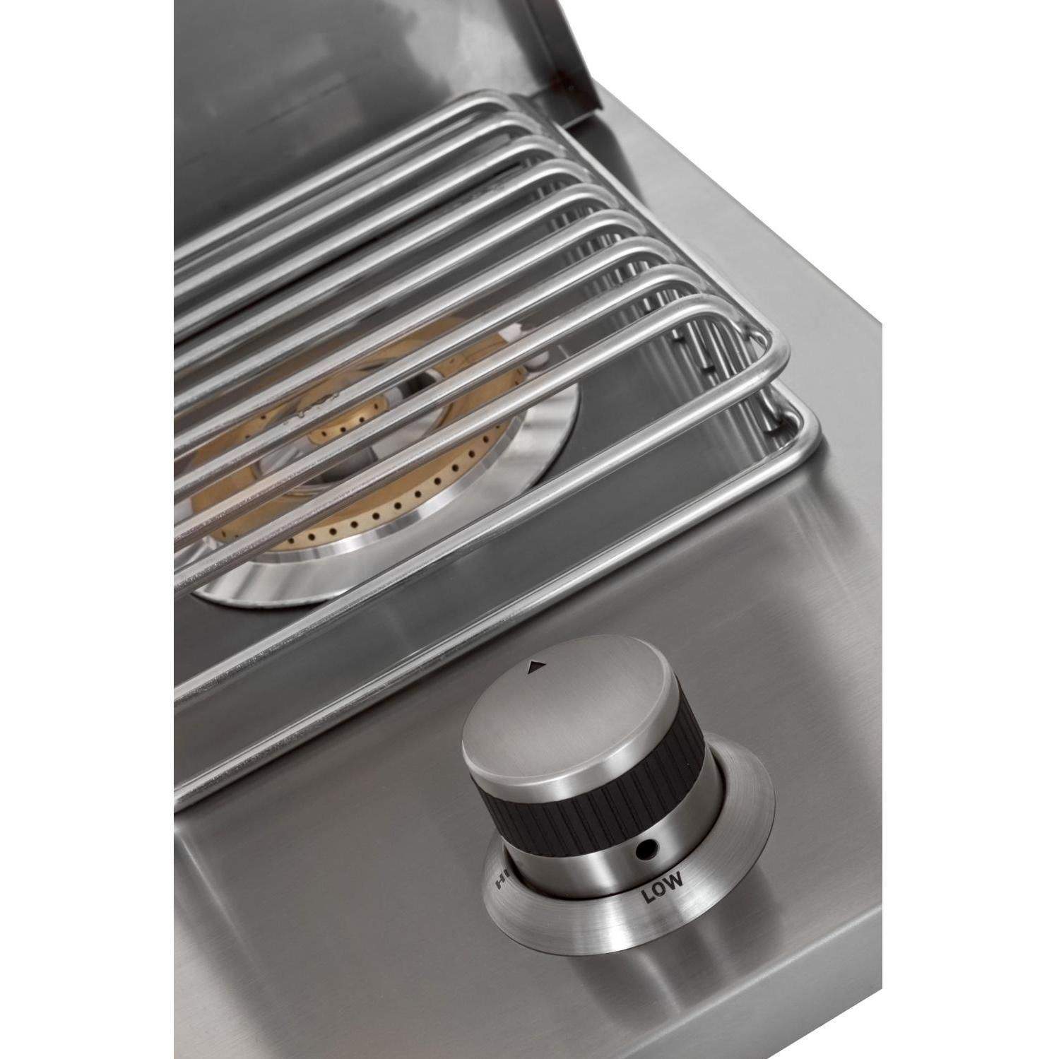 Stainless steel burner grate with visible flame ring and low control knob
